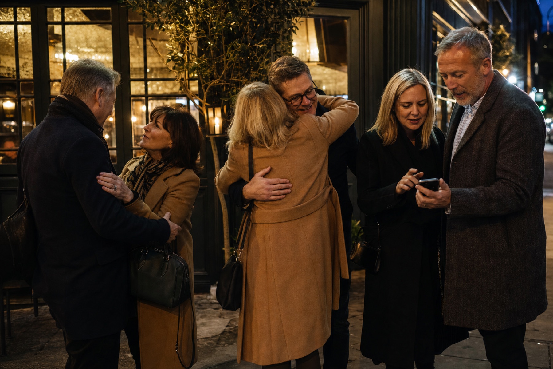Guests saying goodbye outside the restaurant